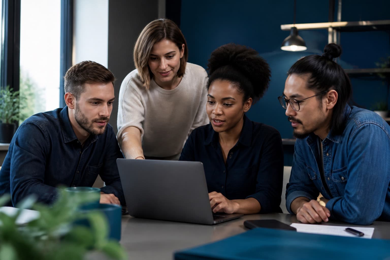 Software team collaborating around a laptop in a modern workspace